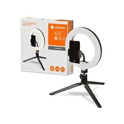 Produktbild: Ledvance LED Ringlicht mit Stativ 190mm mit USB Anschluss, 72 LEDs dimmbar, 3000-5800k, 10W-400-500 Lm, 190mm, Ringleuchte für Handy, Makeup, Fotografie mit Bluetooth Fernbedienung, Schwarz