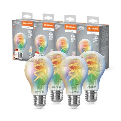 Produktbild: Ledvance SMART+ MATTER LED-Lampe, kompatibel mit Google, Alexa, Apple, Weißglas, 4,8W, 470lm, E27, Farblicht & Weißlicht, App- oder Sprachsteuerung, bis zu 15.000 Std. Lebensdauer, 4-Pack