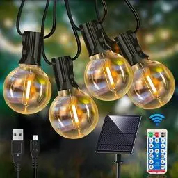 Produktbild: LEDYA 15M Lichterkette Außen Solar mit 25+2 G40 Birnen, Weihnachtsbeleuchtung Wetterfest mit USB-/Solar-Lademethode, 8 Modi Solarlichterkette Glühbirne für Garten, Hochzeit, Haus, Weihnachten Deko