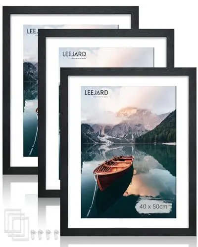 Produktbild: LEEJARD 3er Bilderrahmen 40x50cm, Schwarz Fotorahmen Holzrahmen Mit Bruchsicherem Plexi-Glas Zum Senkrechten Oder Waagerechten, Portraitrahmen Mit Nahtloser Haken für Wandbehänge