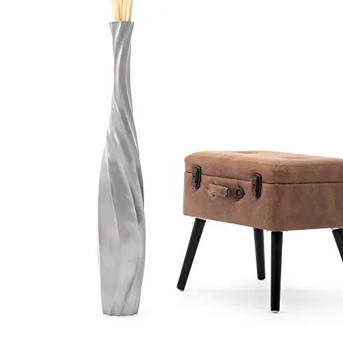 Produktbild: Leewadee Große Deko Bodenvase Für Dekozweige, Hohe Standvase Für Pampasgras, Design Holzvase, 90 cm, Silber
