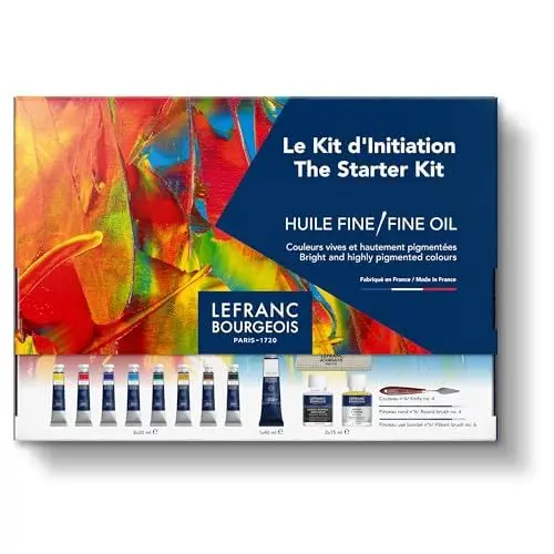 Produktbild: Lefranc Bourgeois 301863 Fine Ölfarben Starterset, 9 Ölfarben in 40ml Tuben, Glanz Malmedium und geruchsarmes Lösungsmittel in 75ml, 2 Pinsel, Malmesser & Zubehör