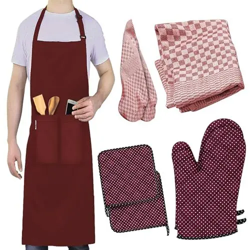 Produktbild: LEFUNDA® 4 in 1 Küchenset mit Kochschürze Ofenhandschuhe Topflappen Geschirrtücher Verstellbare Grillschürze mit 3 Taschen für Küche Kochen Restaurant café