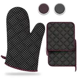 Produktbild: LEFUNDA® Ofenhandschuhe Topflappen 4er Set, Hitzebeständige Topfhandschuhe Baumwolle, Grillhandschuhe, Ofen Handschuhe -Schwarz (2 Ofenhandschuhe + 2 Topflappen), 4er Set