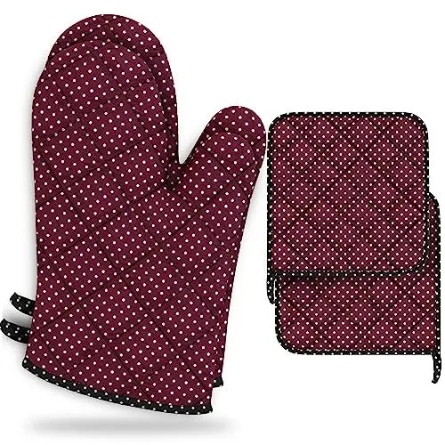Produktbild: LEFUNDA® Ofenhandschuhe Topflappen 4er Set, Hitzebeständige Topfhandschuhe Baumwolle, Grillhandschuhe, Ofen Handschuhe zum Backen, Kochen, Grillen BBQ Kochhandschuhe Oven Mitts, Backhandschuhe (Rot)