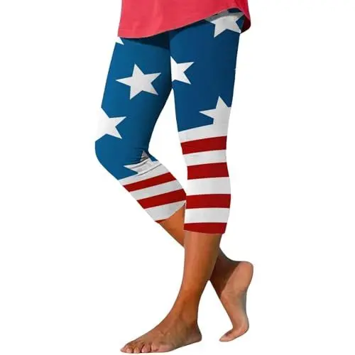 Produktbild: Hose Damen Weites Bein Extralang Cargohose 4. Juli-Leggings für Damen, Capri-Leggings für Damen, klassischer amerikanischer Flaggendruck, Yoga-Laufhose, weiche Bluse Baumwolle Damen (Dark Blue, S)