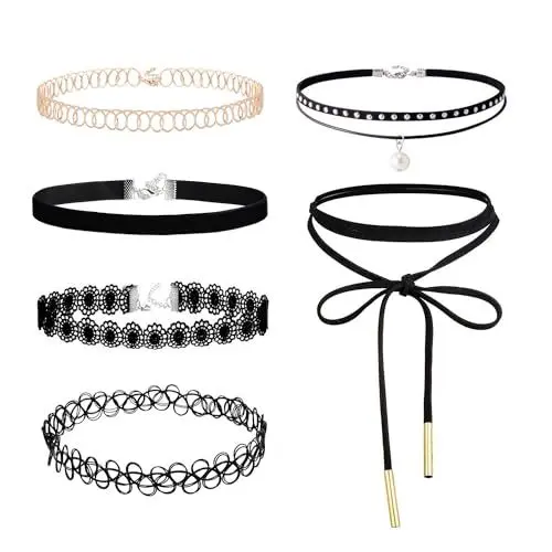 Produktbild: LEGITTA 6 Stück Choker Halsketten Set Stretch Samt Classic Gothic Tattoo Spitze Choker Leder Velvet Collier Ketten Halsband für Damen und Mädchen