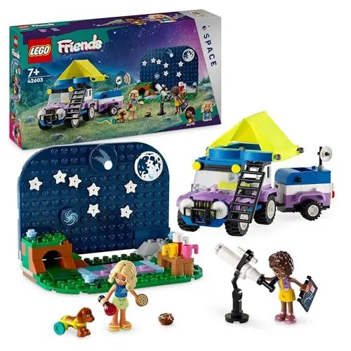 Produktbild: LEGO Friends Sterngucker-Campingfahrzeug Set mit Geländewagen-Auto und Spielzeug-Teleskop, Geschenk ab 7 Jahre für Mädchen und Jungen, beinhaltet die Spielfiguren Nova, Aliya und einen Hund 42603