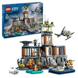 Produktbild: Lego City Polizeistation auf der Gefängnisinsel, Polizei Spielzeug mit Hubschrauber, Boot und Hai, Set mit 7 Minifiguren und Hund, Geschenk zum Geburtstag für Jungen und Mädchen ab 7 Jahren 60419