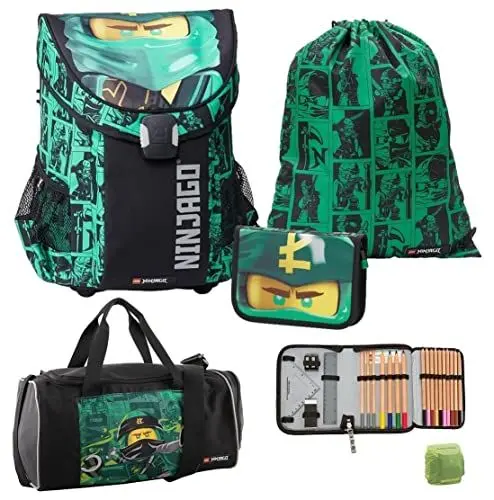 Produktbild: Familando Lego Ninjago Schulranzen Set 5tlg. Easy School Bag Green mit Federmappe gefüllt, Turnbeutel, Regenschutz und großer Sporttasche Lloyd Spinjitzu