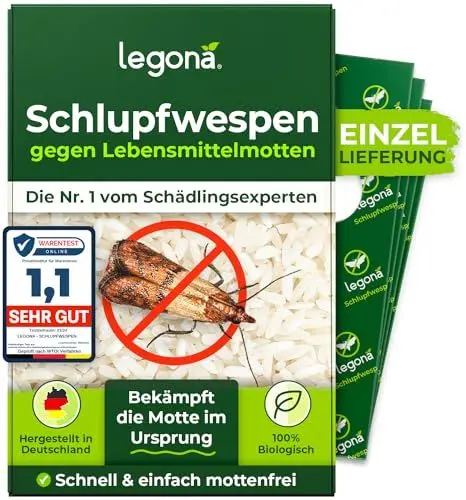 Produktbild: Legona® Schlupfwespen gegen Lebensmittelmotten | 4 Karten à 1 Lieferung | Effektive Bekämpfung von Lebensmittel Motten | Alternativer Mottenschutz zu Mottenfalle Lebensmittel, Mottenspray