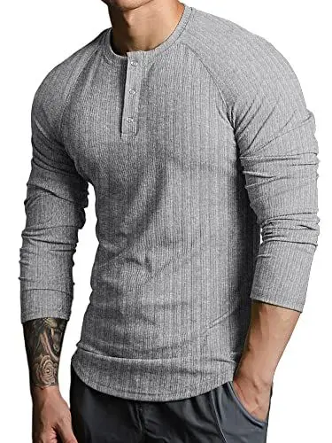 Produktbild: Lehmanlin Langarmshirts für Herren,Henley Longsleeve Langarm Pullover,Baumwolle Gerippt Stoffe,Schmale Passform Thermo Tshirt,Slim Fit Sport Muskelshirts (Grau/M)