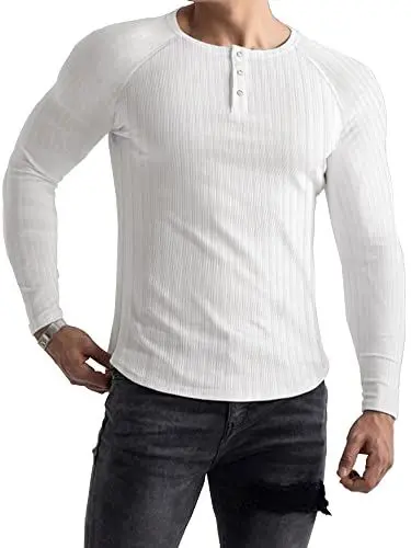 Produktbild: Lehmanlin Langarmshirts für Herren,Henley Longsleeve Langarm Pullover,Baumwolle Gerippt Stoffe,Schmale Passform Thermo Tshirt,Slim Fit Sport Muskelshirts (Weiß/M)