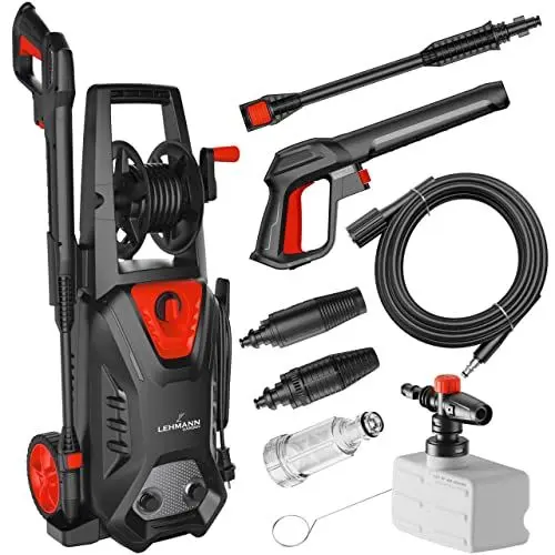 Produktbild: LEHMANN Hudson Hochdruckreiniger mit Aluminiumpumpe, 1800 W, max. 145 bar, 450 l/h Fördermenge, 5m Schlauch, Hochdruck Flächenreiniger mit Zubehör - Verstellbarer Düse, Turbodüse, Schaumlanze
