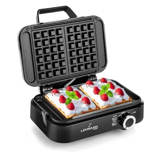 Produktbild: LEHMANN Waffeleisen Doppelt für Belgische Waffeln, 1200W, Fertig in 3 Minuten, Temperaturregelung bis zu 240°C, Antihaftbeschichtung, Schnelle und einfache Reinigung, Dicke Waffeln 12,5 x 8,5 x 2cm