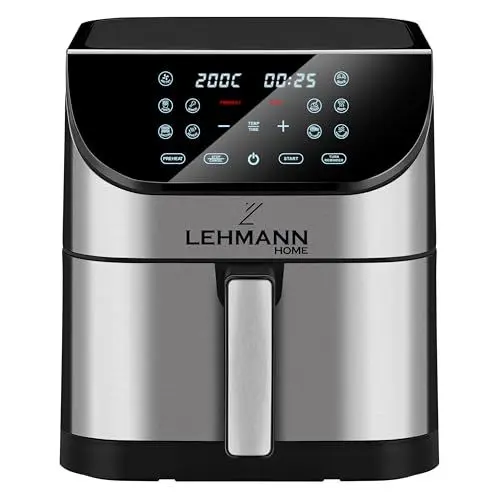Produktbild: LEHMANN Heißluftfritteuse 8L, 1800W, Air Fryer mit 12 Programmen, Temperaturregelung 76-200°C, Sichtfenster, LED-Touchdisplay, Timer, Antihaftbeschichtet, Fritteuse ohne Öl mit Air Fry Technologie