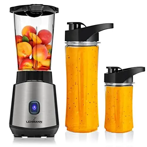 Produktbild: LEHMANN Standmixer 1200W, Mixer Smoothie Maker To Go 1L, Lieferung mit 2 Smoothie Flasche - 570ml und 400ml, Leicht zu Reinigen, 4-Klingen-System, Mini Mixer für Säfte, Shake und Proteinshake