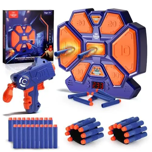 Produktbild: Lehoo Castle Nerf Zielscheibe, Elektronische Zielscheibe für Nerf Pistole, Digitale Zielscheibe mit Licht Sound Effekte, mit 1 Spielzeug Pistole, 20 Schaumstoff Munition, 2 Handgelenkbänder（Blau）