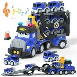 Produktbild: Lehoo Castle Polizeiauto mit Licht und Sound, Spielzeug Auto ab 3 Jahre, LKW Autotransporter Spielzeug mit Licht und Musik, 6 Mini Spielzeugautos, Geschenk für Kinder Jungen
