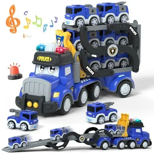 Produktbild: Lehoo Castle Polizeiauto mit Licht und Sound, Spielzeug Auto ab 3 Jahre, LKW Autotransporter Spielzeug mit Licht und Musik, 6 Mini Spielzeugautos, Geschenk für Kinder Jungen