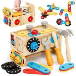 Produktbild: Lehoo Castle Werkzeugkoffer Kinder Werkbank Kinderspielzeug ab 2 Jahre, 29 Stück Kinderwerkzeug Montessori Holzspielzeug, Geschenk Junge Mädchen Werkzeug Motorik Lernspiele 2 3 4 Jahre