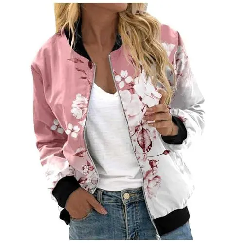 Produktbild: Bomberjacke Damen Kurze Blumenmuster Bluson-Damen Jacke mit Reißverschluss Herbst Frühling College Jacke Leichte Sommerjacke Damen Casual Jacke Dünne Fliegerjacke Pilotenjacke Fliegerjacke