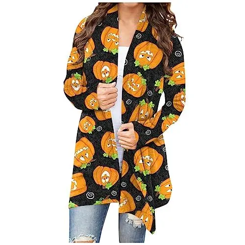 Produktbild: Leichter Bademantel Damen Cardigan Damen Cartoon Cardigan Halloween Swing Dicke Luftige Langärmlige Longtops Damen Rundhals Elegant Tailliertes Oudoor Grün