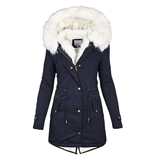Produktbild: Winterjacke Damen Parka Jacke Lang mit Fell Kapuze Warm Kunstpelz Gefüttert Wintermantel Elegant Fleecejacke Mittellang Winterparka mit Verstellbarer Taille Lässig Dicke Winter Mantel Blau XL