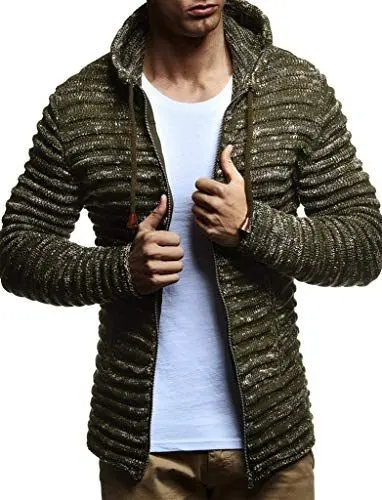 Produktbild: LEIF NELSON Men's Knit Jacket with Hood Knitt Zip Up Cardigan Hoodie LN20724, Khaki, L