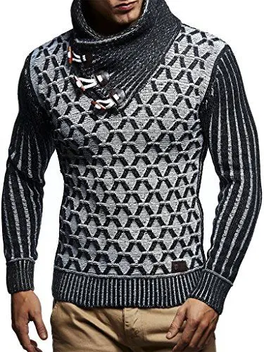 Produktbild: Leif Nelson Herren-Strickpullover Strick-Pulli mit Schalkragen Moderner Woll-Pullover LN5385 Schwarz Ecru Medium