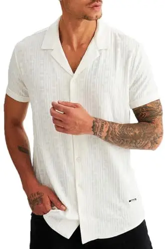 Produktbild: Leif Nelson Herren Hemd Kurzarm Sommer T-Shirt Strandhemd Männer Freizeithemd Kurzarmhemd Jungen Sommerhemd Basic Shirt Freizeit Sweater LN55675 Ecru Größe M