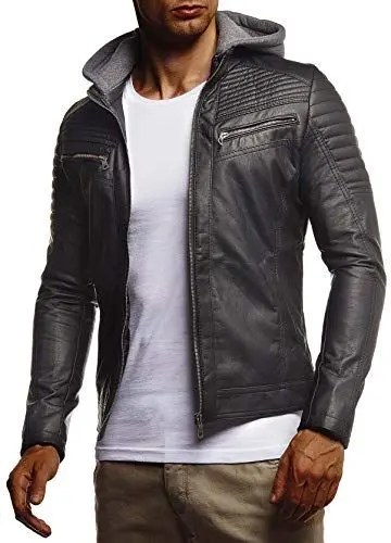 Produktbild: Leif Nelson Herren Kunst-Lederjacke schwarz Kapuze Slim Fit Übergangsjacke Sommer Winter Männer Freizeitjacke kurze Biker-Jacke Freizeit gesteppt Jungen Kapuzen-Hoodie LN4062 Schwarz Medium