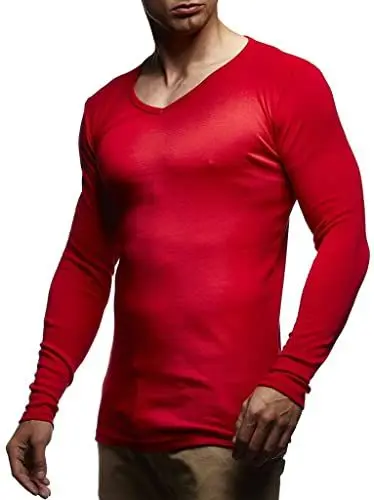 Produktbild: Leif Nelson Herren Langarmshirt Basic Pullover V-Ausschnitt Slim Fit Baumwolle Männer Pulli dünner Sweatshirt V-Kragen Shirt Langarm Longsleeve V-Neck LNWI2N Bordeaux Medium