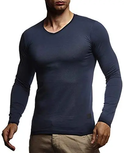 Produktbild: Leif Nelson Herren Langarmshirt Basic Pullover V-Ausschnitt Slim Fit Männer Pulli dünner Sweatshirt V-Kragen Shirt Langarm Longsleeve V-Neck LNWI2 Dunkel Blau XX-Large