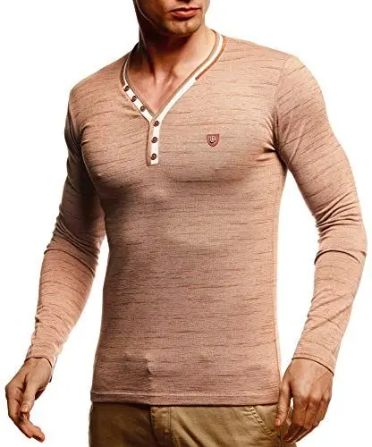 Produktbild: Leif Nelson Herren Longsleeve V-Ausschnitt Slim Fit Baumwolle-Anteil Basic Männer Sweatshirt Pulli weißes Langarmshirt V-Neck Pullover T-Shirt langarm LN5120T Camel Melange X-Large