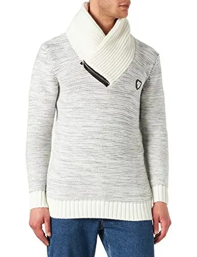 Produktbild: Leif Nelson Herren Strick-Pullover Schalkragen Slim Fit Winter Sommer Moderner Männer schwarzer Pulli T-Shirt Langarm mit Kragen Herren Hoodie-Wollpullover 7060 Ecru-Grau X-Large