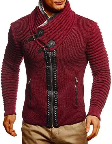 Produktbild: Leif Nelson Herren Strickjacke Jacke Freizeitjacke mit Schalkragen Winterjacke Slim Fit Bordeaux Rot XX-Large