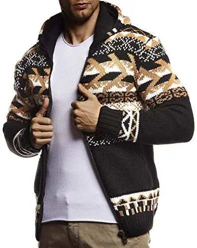 Produktbild: Leif Nelson Herren Strickjacke Kapuze Norwegerjacke Schwarze Winterjacke Kapuzenjacke Männer Jacke für Weihnachten Winter Norweger Muster Übergangsjacke Slim Fit LN20756 L Schwarz