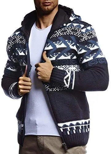 Produktbild: Leif Nelson Herren Strickjacke Kapuze Norwegerjacke Schwarze Winterjacke Kapuzenjacke Männer Jacke für Weihnachten Winter Norweger Muster Übergangsjacke Slim Fit LN20756 L Blau
