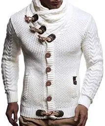 Produktbild: Leif Nelson Herren Strickjacke Schalkragen Slim Fit Winter-Freizeit-Jacke Sommer Moderne Männer Pulli Grobstrick Sweatjacke Langarm Herren schwarzer Hoodie-Pullover, Weiss/Beige, L