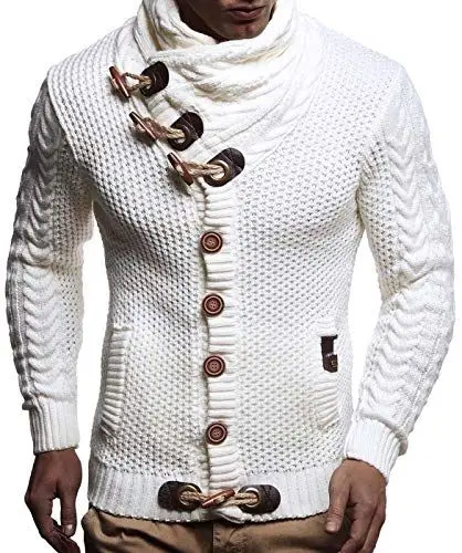 Produktbild: Leif Nelson Herren Strickjacke Schalkragen Slim Fit Winter-Freizeit-Jacke Sommer Moderne Männer Pulli Grobstrick Sweatjacke Langarm Herren schwarzer Hoodie-Pullover, Weiss/Beige, L
