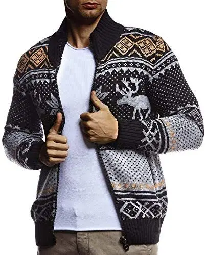 Produktbild: Leif Nelson Herren Strickjacke Stehkragen Norwegerjacke Schwarze Winterjacke Freizeitjacke Männer Jacke für Weihnachten Winter Norweger Muster Übergangsjacke Slim Fit LN20759 M Anthrazit