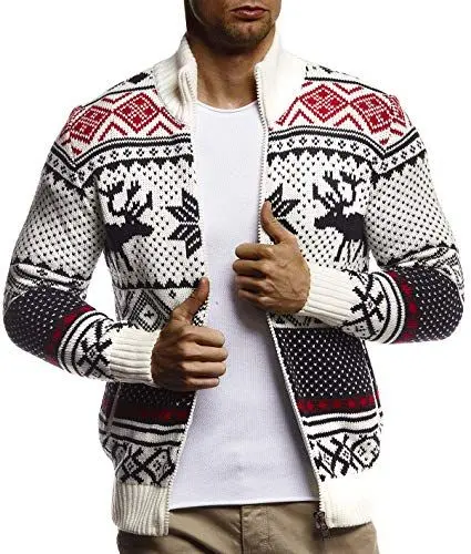 Produktbild: Leif Nelson Herren Strickjacke Stehkragen Norwegerjacke Schwarze Winterjacke Freizeitjacke Männer Jacke für Weihnachten Winter Norweger Muster Übergangsjacke Slim Fit LN20759 M Ecru
