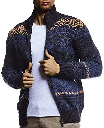 Produktbild: Leif Nelson Herren Strickjacke Stehkragen Norwegerjacke Schwarze Winterjacke Freizeitjacke Männer Jacke für Weihnachten Winter Norweger Muster Übergangsjacke Slim Fit LN20759 M Blau