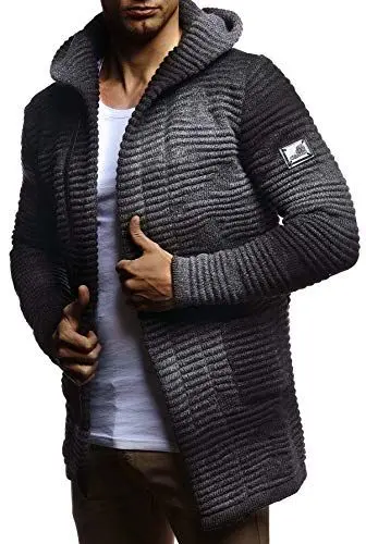 Produktbild: Leif Nelson Herren Strickjacke lang mit Kapuze & Reißverschluss (Schwarz, Größe M) - Strick Sweatjacke Männer Cardigan für Winter