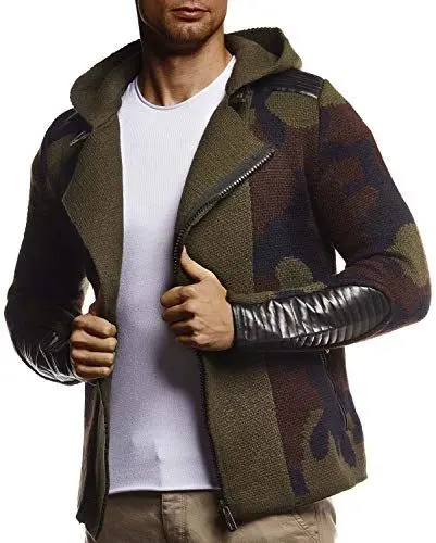 Produktbild: Leif Nelson Herren Strickjacke mit Kapuze Reissverschluss Schwarze Biker Jacke für Winter Winterjacke Übergangsjacke Camouflage Hoodie Männer Freizeitjacke Langarm Slim Fit LN5810 M Schwarz-Khaki