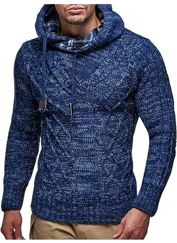 Produktbild: Leif Nelson Herren Strickpullover mit Kapuze Blau/Hochwertiger Winterpullover in Regular Fit, ideal für Casual und Business, Langarm Größe XL