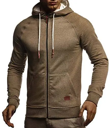 Produktbild: Leif Nelson Herren Sweatjacke mit Kapuze Slim Fit Baumwolle-Anteil Modernes Hoodie-Cardigan Langarm Männer Schwarze Freizeit-Kapuzen-Jacke für Winter Sommer LN8124 Khaki Melange Medium