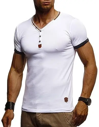 Produktbild: Leif Nelson Sommer T-Shirt Herren V-Ausschnitt (Weiß, Größe M) - Coole Tshirts lang V-Neck Baumwolle - Casual Basic Shirts Männer Kurzarm
