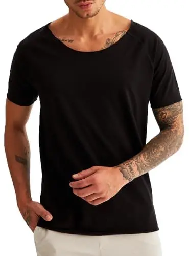 Produktbild: Leif Nelson Herren Sommer T-Shirt mit tieferem Rundhals-Ausschnitt (Schwarz, Größe L), Regular Fit 100% Baumwolle, Casual Basic Männer T-Shirt mit Kurzarm